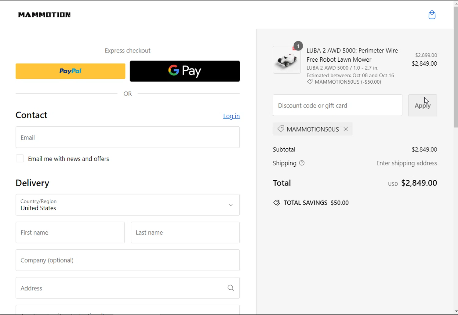 where to use MAMMOTION promo code box