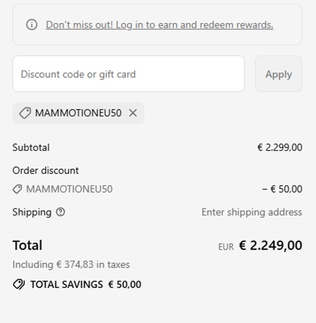 Mammotion checkout page showing Mammotion discount code box | Screenshot taken by SimplyCodes community member on Aug 28, 2025