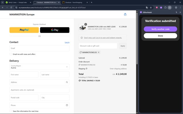 Mammotion checkout page showing Mammotion discount code box | Screenshot taken by SimplyCodes community member on Sep 2, 2025