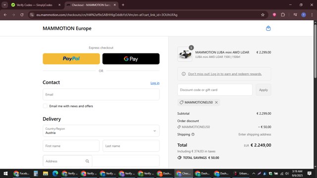 Mammotion checkout page showing Mammotion discount code box | Screenshot taken by SimplyCodes community member on Sep 6, 2025
