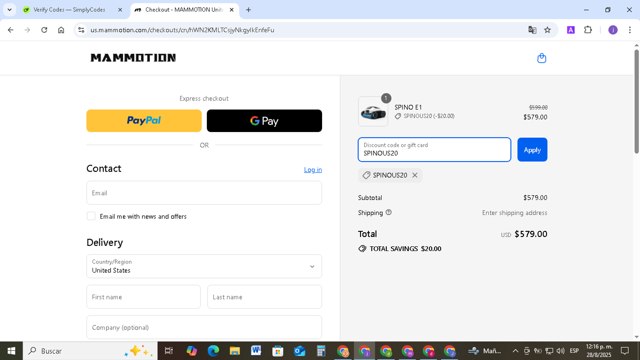 Mammotion checkout page showing Mammotion discount code box | Screenshot taken by SimplyCodes community member on Aug 28, 2025