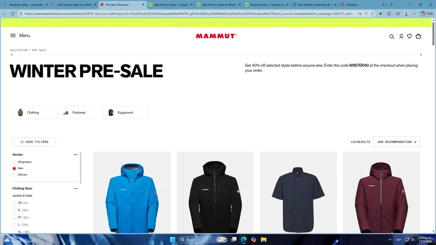 Mammut promo code screenshot showing code WINTER40 applied at Mammut checkout page. Uploaded by SimplyCodes community member Mdeoca on Jan 27, 2026