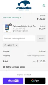 Manatee Gourmet Coffee coupon verification screenshot