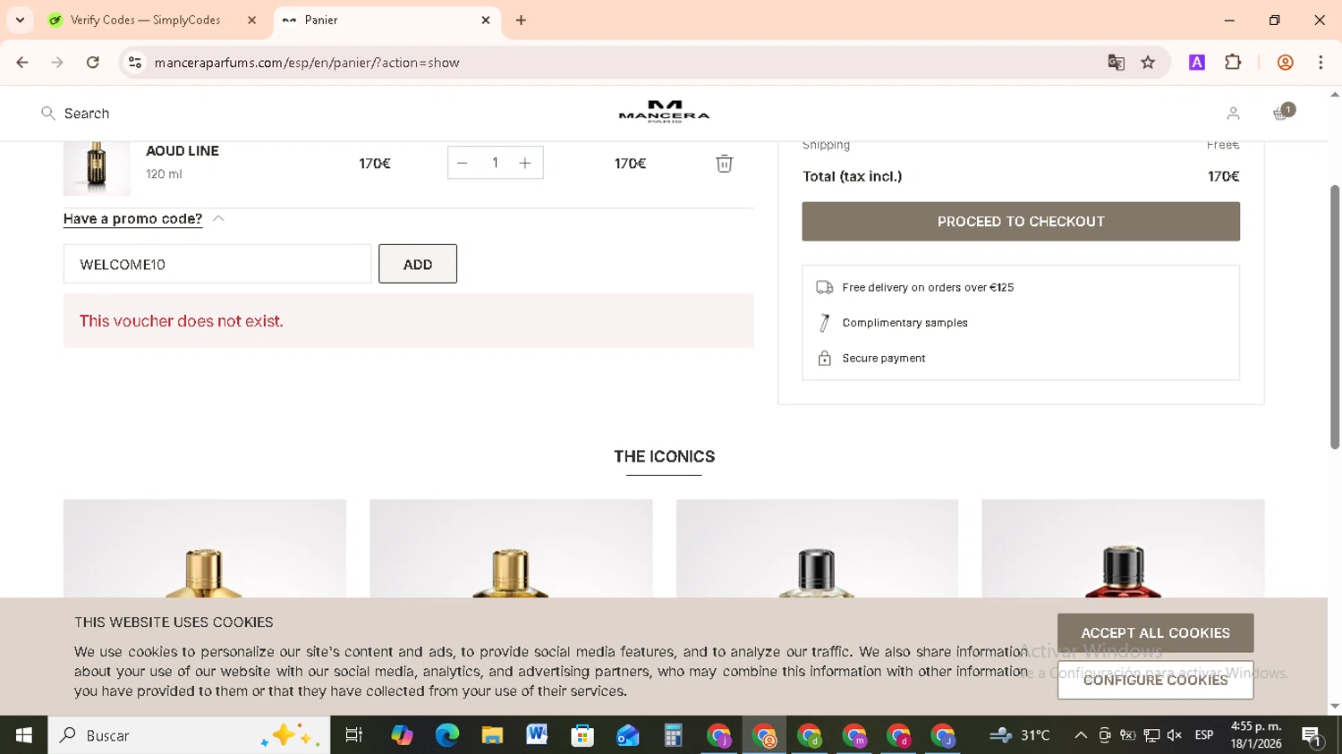 Mancera promo code screenshot showing code WELCOME10 applied at Mancera checkout page. Uploaded by SimplyCodes community member RebateCollector5909 on Jan 18, 2026