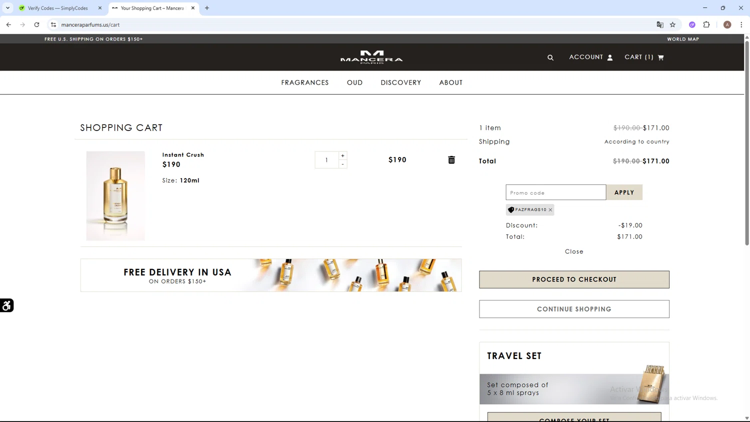 Mancera promo code screenshot showing code fazfrags10 applied at Mancera checkout page. Uploaded by SimplyCodes community member SwiftSage2309 on Jul 17, 2025