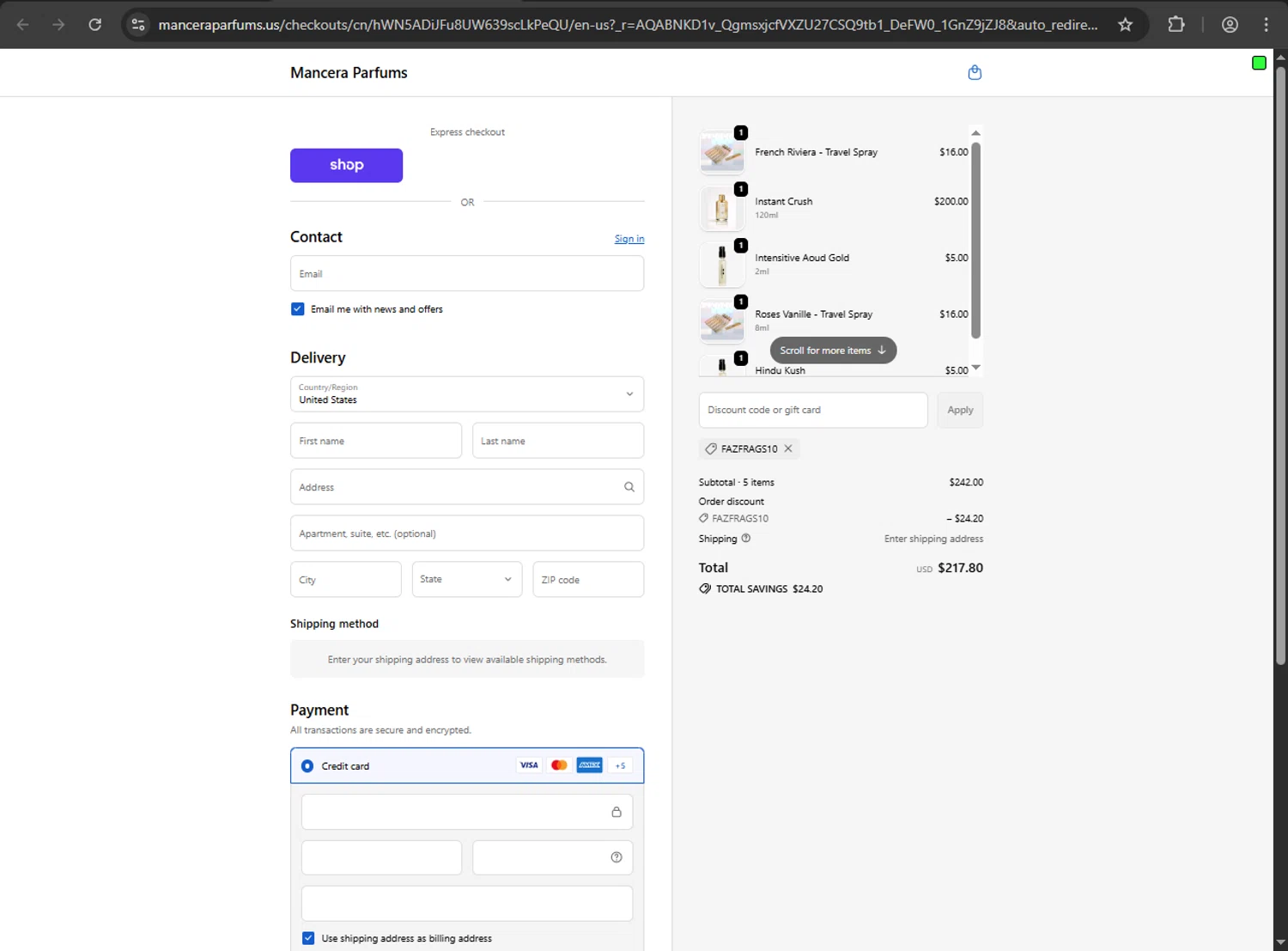 Mancera promo code screenshot showing code fazfrags10 applied at Mancera checkout page. Uploaded by SimplyCodes community member jickselyspolanco on Nov 11, 2025