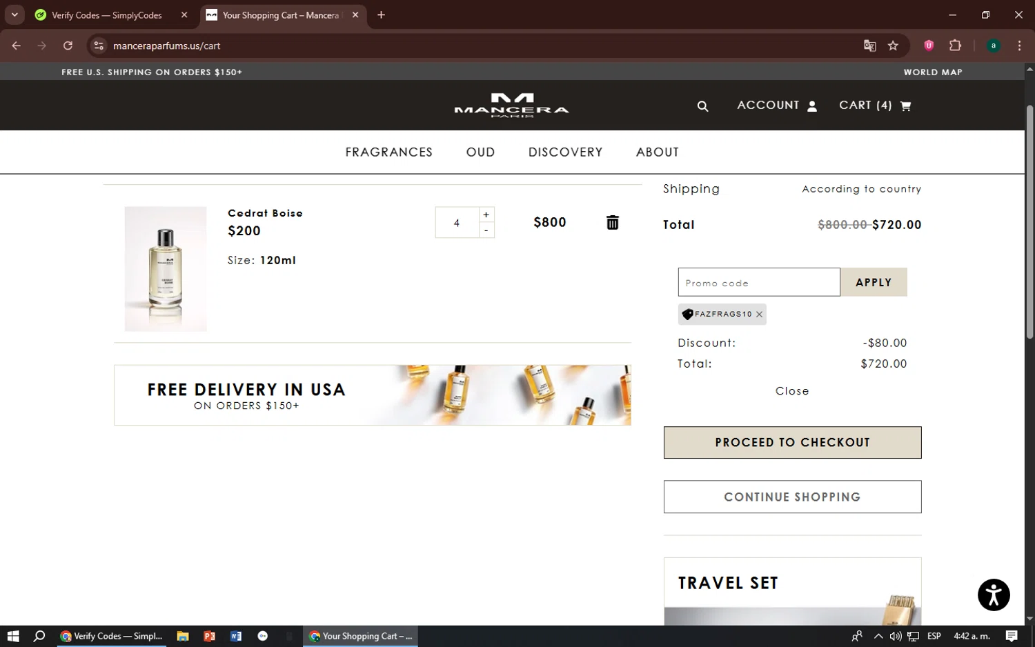 Mancera promo code screenshot showing code fazfrags10 applied at Mancera checkout page. Uploaded by SimplyCodes community member zizu55 on Aug 6, 2025