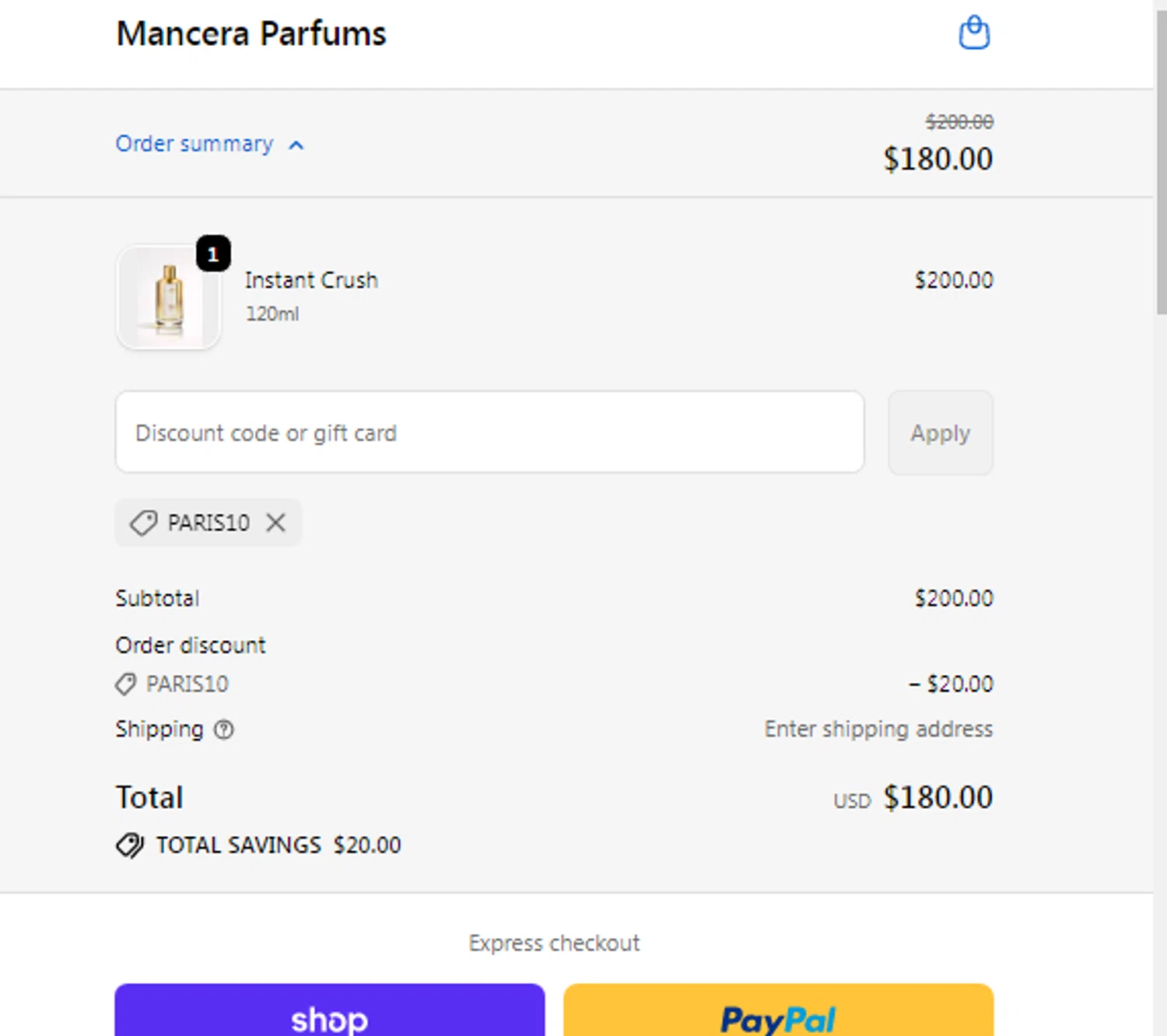 Mancera promo code screenshot showing code Paris10 applied at Mancera checkout page. Uploaded by SimplyCodes community member Menotii23 on Oct 17, 2025