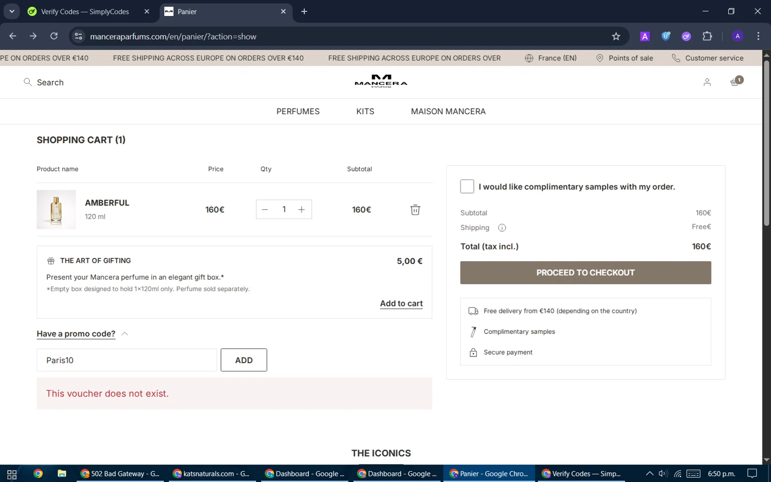 Mancera promo code screenshot showing code Paris10 applied at Mancera checkout page. Uploaded by SimplyCodes community member ThriftySentinel2853 on Nov 14, 2025