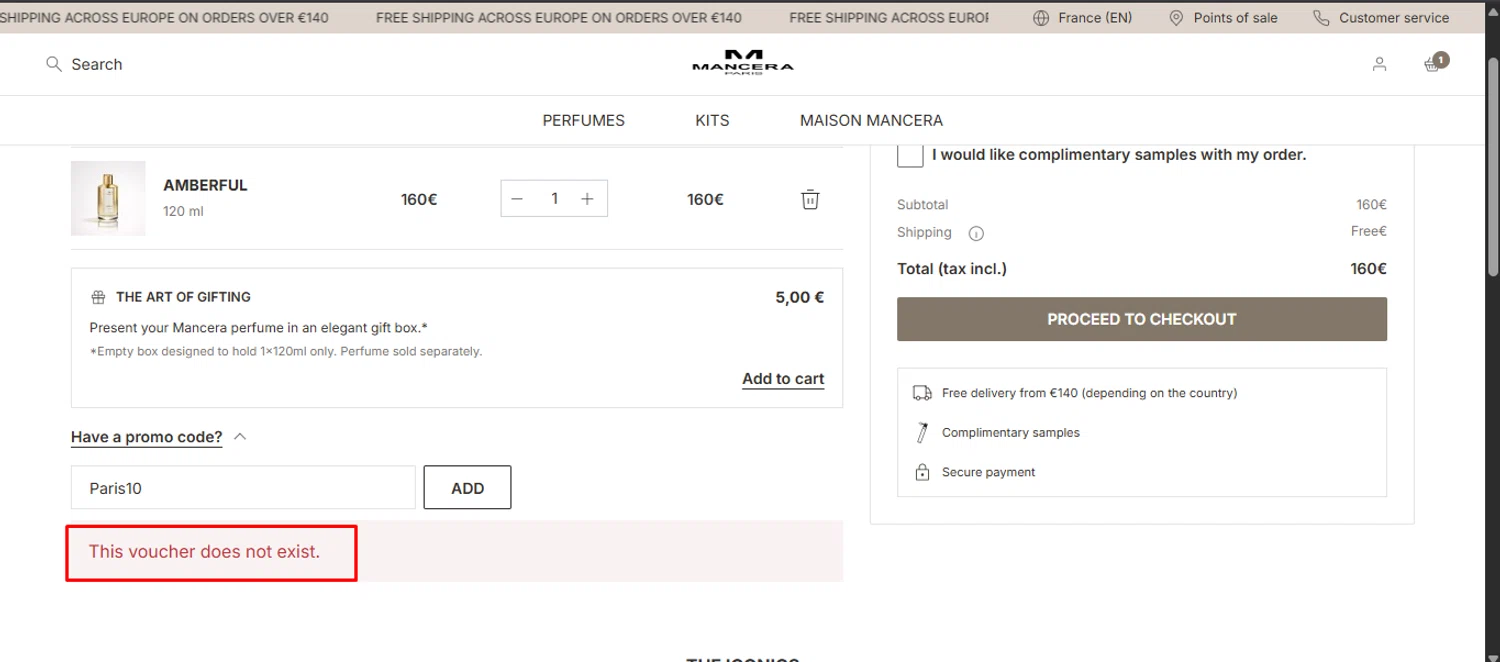 Mancera promo code screenshot showing code Paris10 applied at Mancera checkout page. Uploaded by SimplyCodes community member noworries on Nov 14, 2025