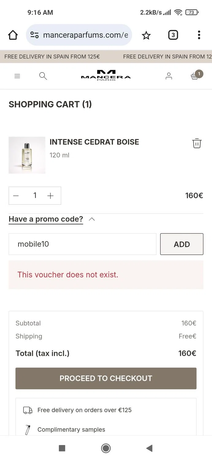 Mancera promo code screenshot showing code mobile10 applied at Mancera checkout page. Uploaded by SimplyCodes community member Piolin on Nov 13, 2025