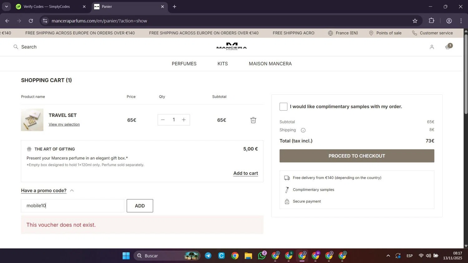Mancera promo code screenshot showing code mobile10 applied at Mancera checkout page. Uploaded by SimplyCodes community member Puppet on Nov 13, 2025