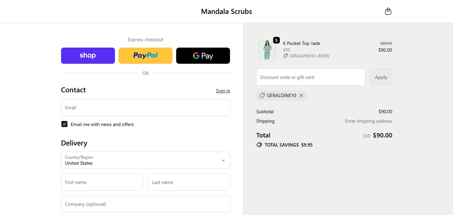 Mandala Scrubs promo code screenshot showing code GERALDINE10 applied at Mandala Scrubs checkout page. Uploaded by SimplyCodes community member juanisaac on Feb 25, 2026