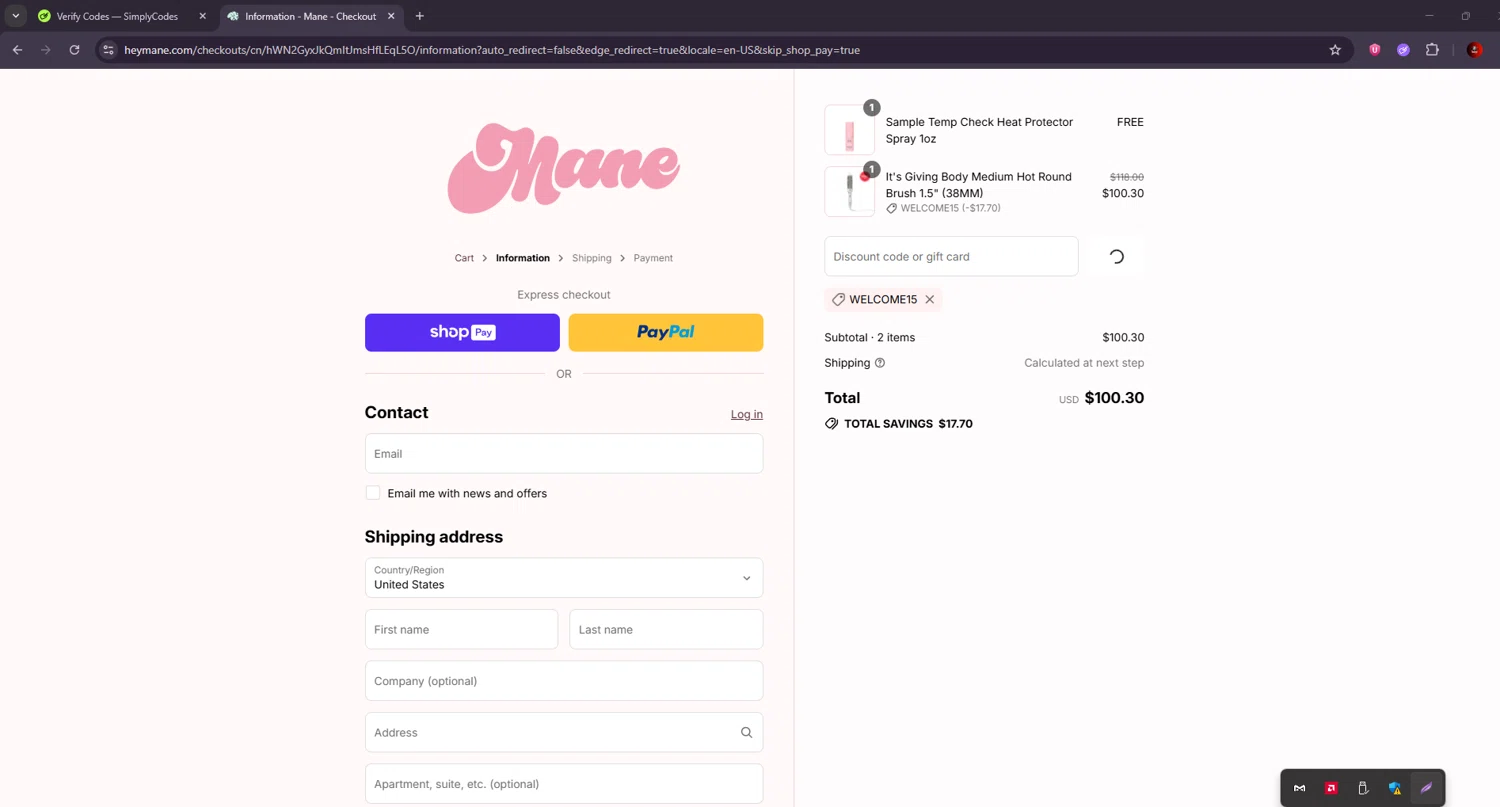Mane Addicts promo code screenshot showing code WELCOME15 applied at Mane Addicts checkout page. Uploaded by SimplyCodes community member BrilliantSaver7516 on Aug 27, 2025