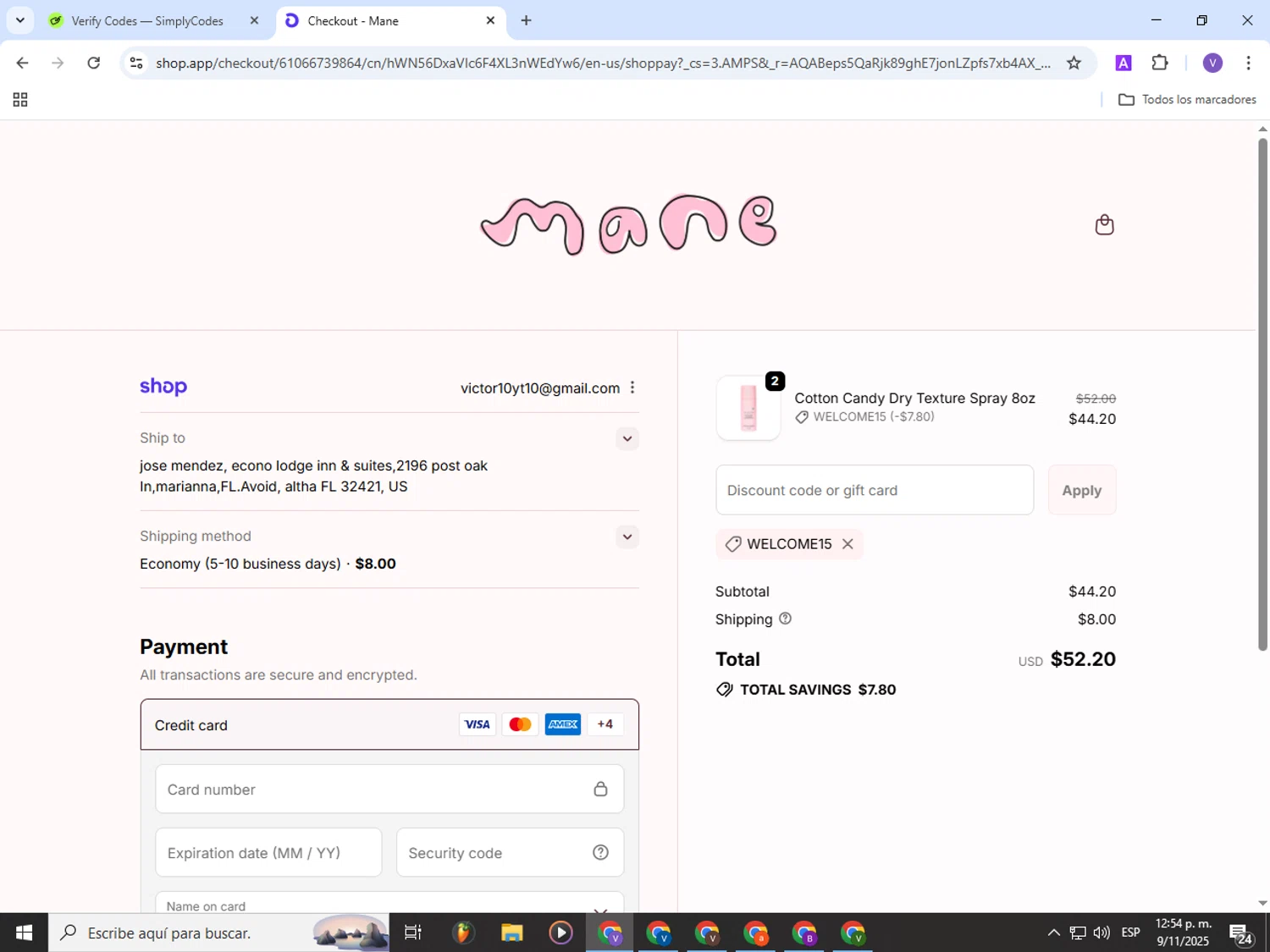 Mane Addicts promo code screenshot showing code WELCOME15 applied at Mane Addicts checkout page. Uploaded by SimplyCodes community member Gianpiero on Nov 9, 2025