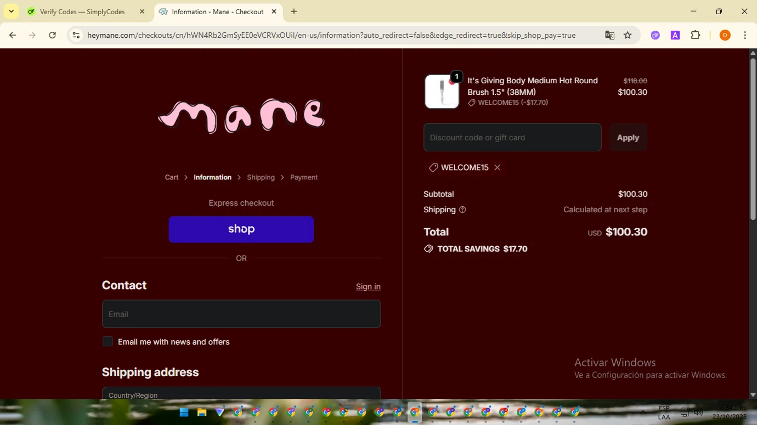 Mane Addicts promo code screenshot showing code WELCOME15 applied at Mane Addicts checkout page. Uploaded by SimplyCodes community member SavingsMaverick3203 on Oct 23, 2025