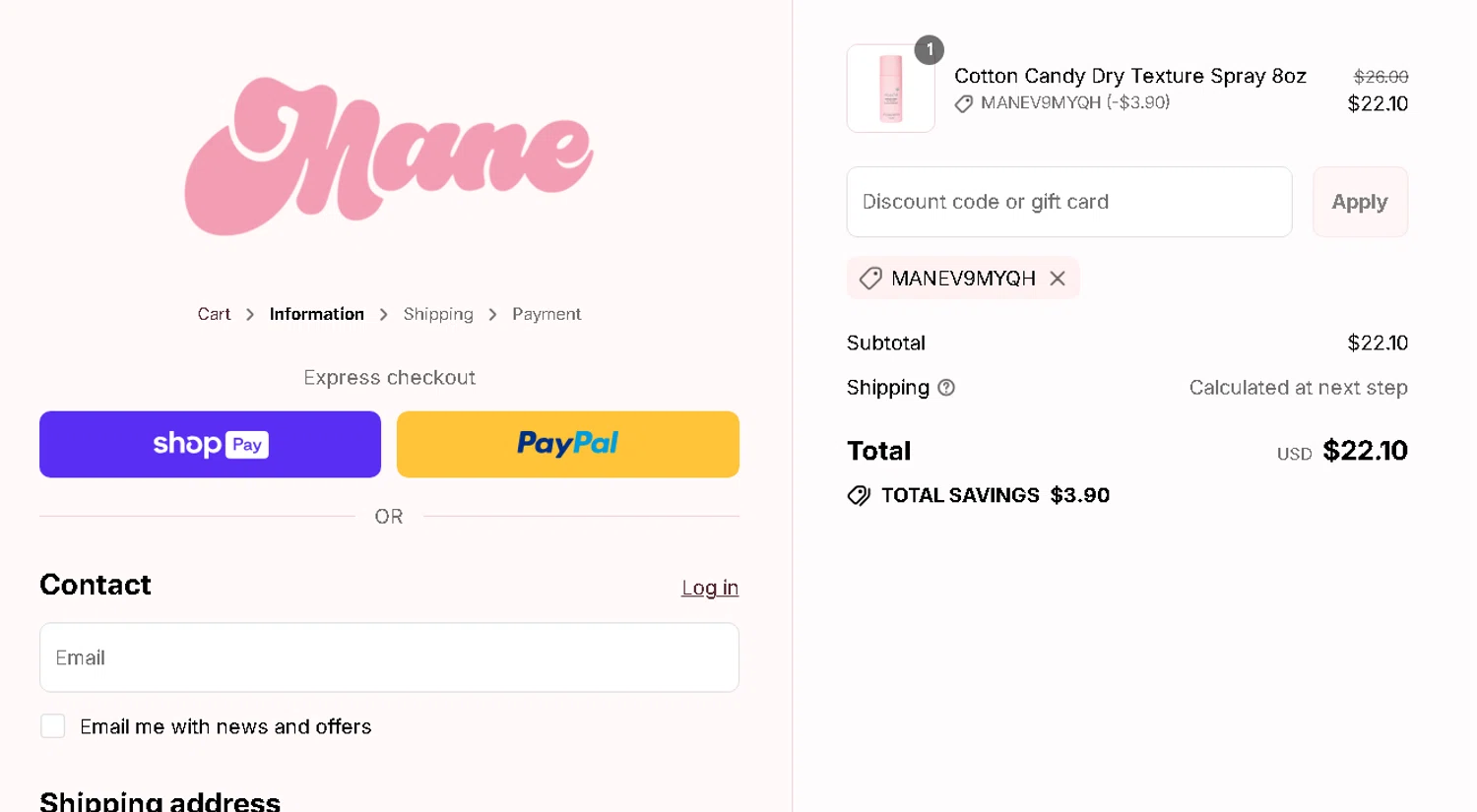 Mane Addicts promo code screenshot showing code MANEv9mYQH applied at Mane Addicts checkout page. Uploaded by SimplyCodes community member CRYSTALSUICINE on Aug 17, 2025