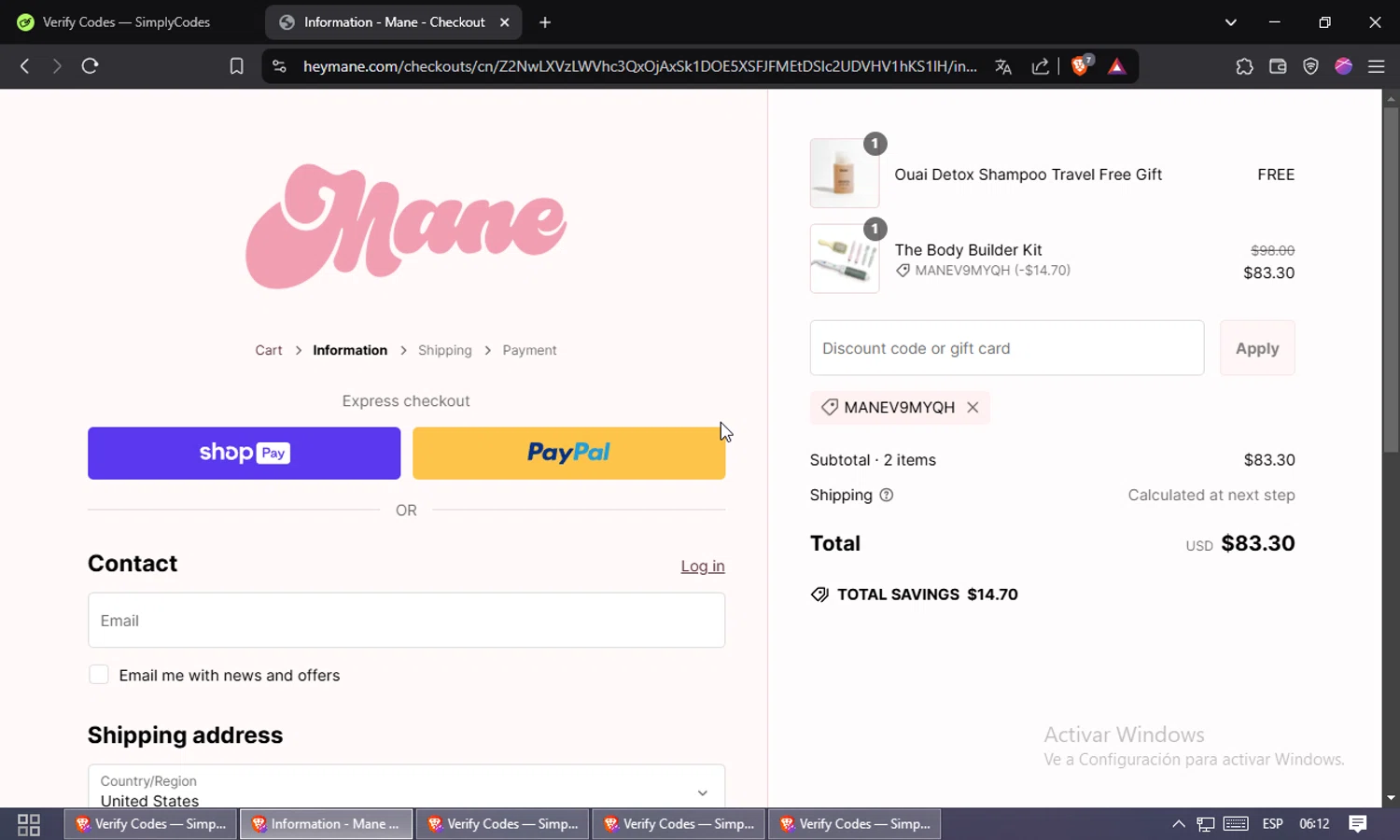 Mane Addicts promo code screenshot showing code MANEv9mYQH applied at Mane Addicts checkout page. Uploaded by SimplyCodes community member Puta_madre10 on Feb 18, 2025