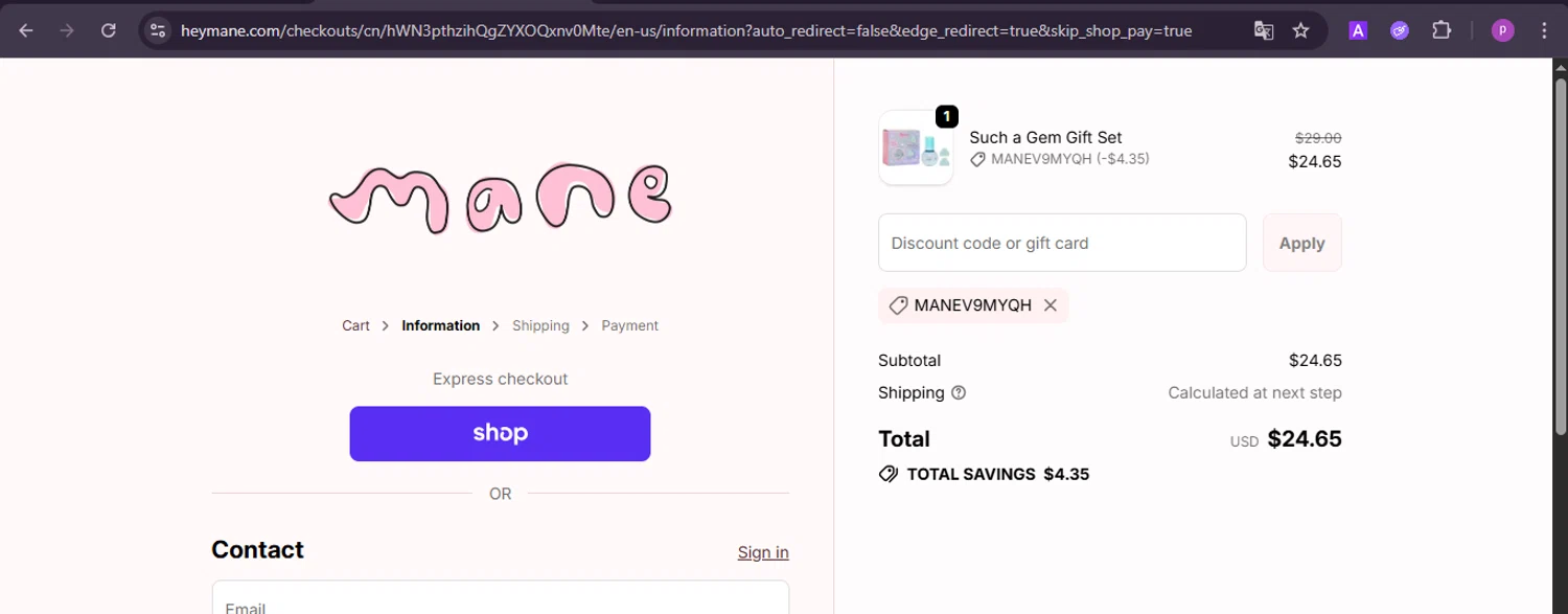 Mane Addicts promo code screenshot showing code MANEv9mYQH applied at Mane Addicts checkout page. Uploaded by SimplyCodes community member firoas on Oct 7, 2025