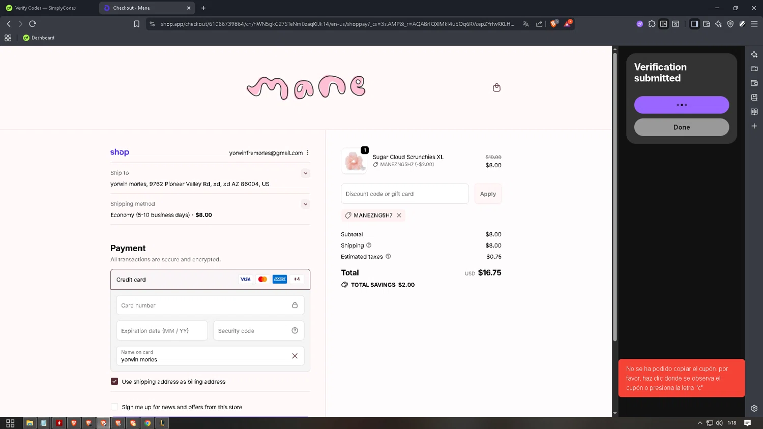 Mane Addicts promo code screenshot showing code MANEZng5H7 applied at Mane Addicts checkout page. Uploaded by SimplyCodes community member WiseMaven8994 on Nov 25, 2025