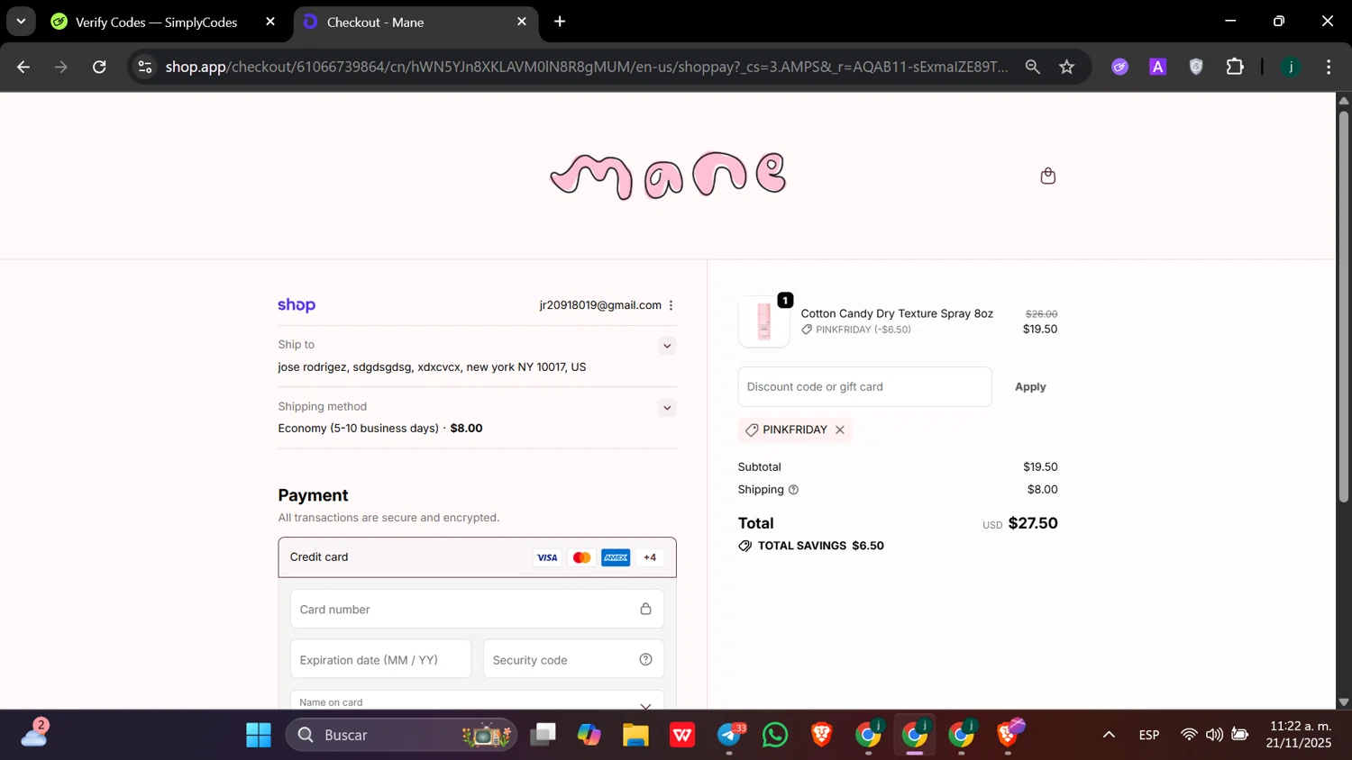 Mane Addicts promo code screenshot showing code PINKFRIDAY applied at Mane Addicts checkout page. Uploaded by SimplyCodes community member hanzell2 on Nov 21, 2025
