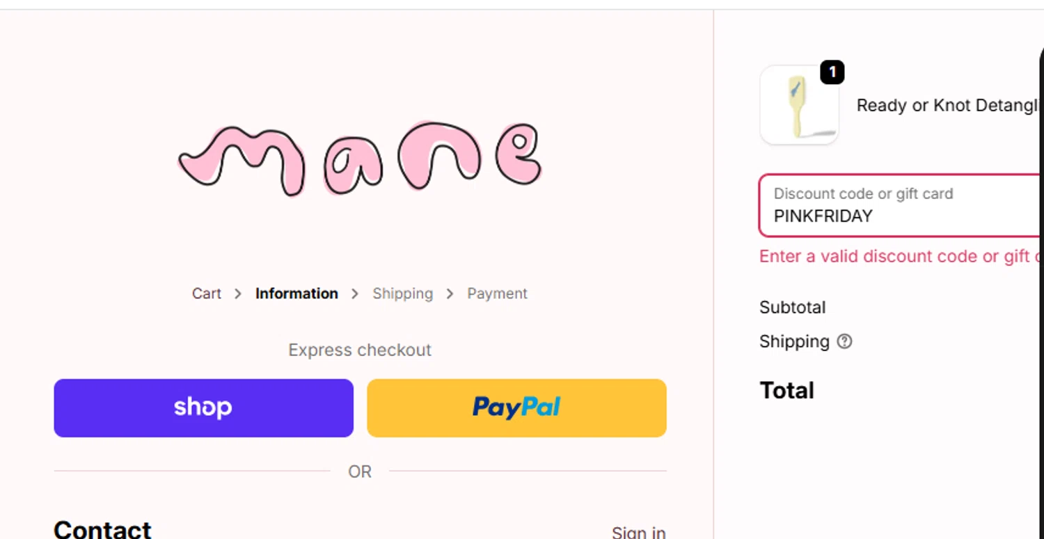 Mane Addicts promo code screenshot showing code PINKFRIDAY applied at Mane Addicts checkout page. Uploaded by SimplyCodes community member yeresojperez on Dec 5, 2025