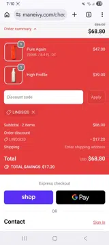 MANE IVY coupon verification screenshot