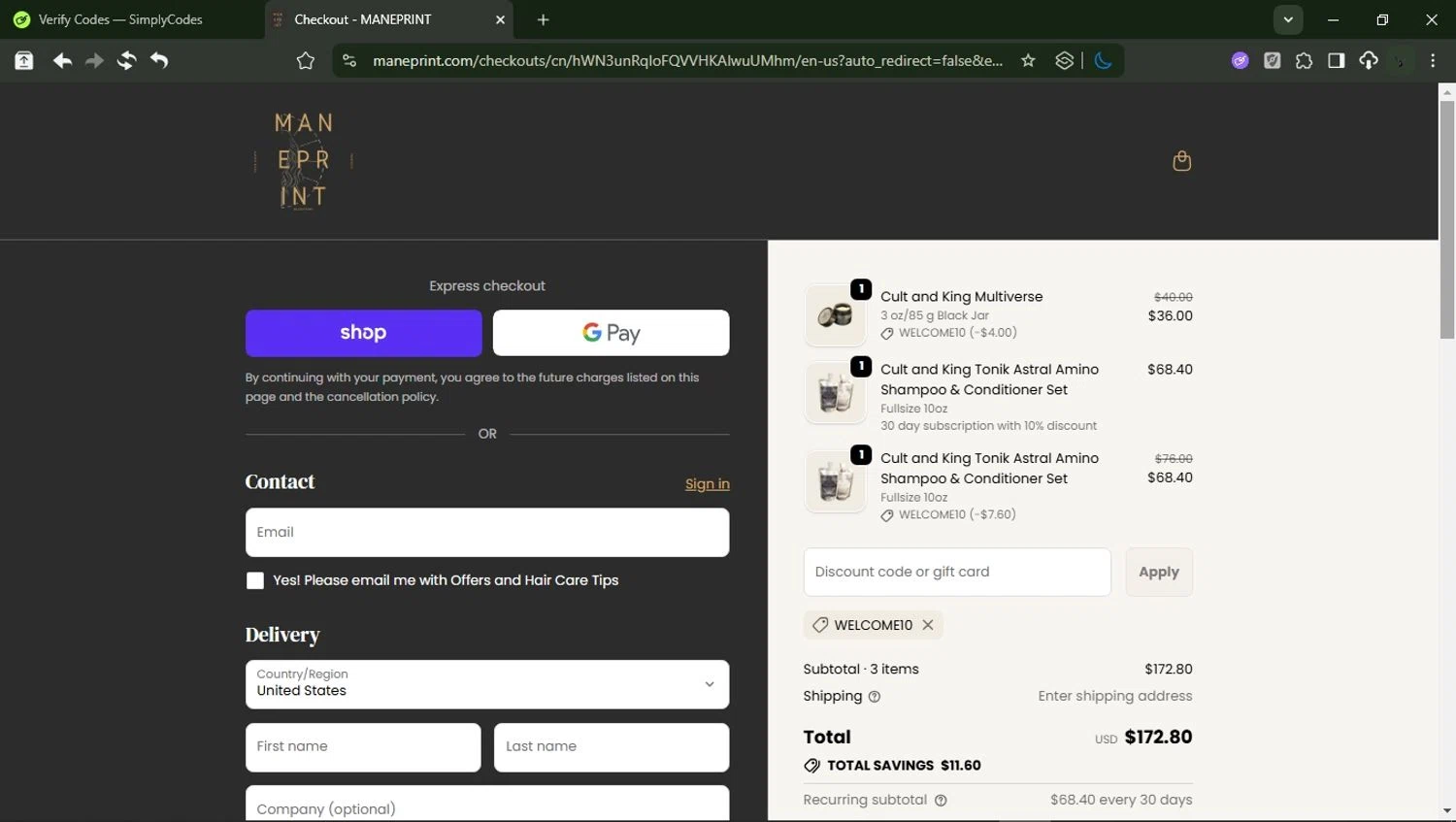Maneprint promo code screenshot showing code WELCOME10 applied at Maneprint checkout page. Uploaded by SimplyCodes community member RewardMonarch1185 on Oct 9, 2025