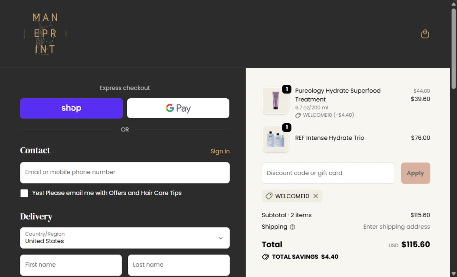 Maneprint promo code screenshot showing code WELCOME10 applied at Maneprint checkout page. Uploaded by SimplyCodes community member Santi_ago on Oct 21, 2025