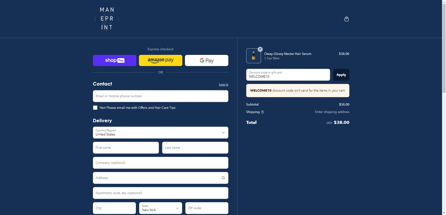 Maneprint promo code screenshot showing code WELCOME10 applied at Maneprint checkout page. Uploaded by SimplyCodes community member RewardTitan728 on May 12, 2025