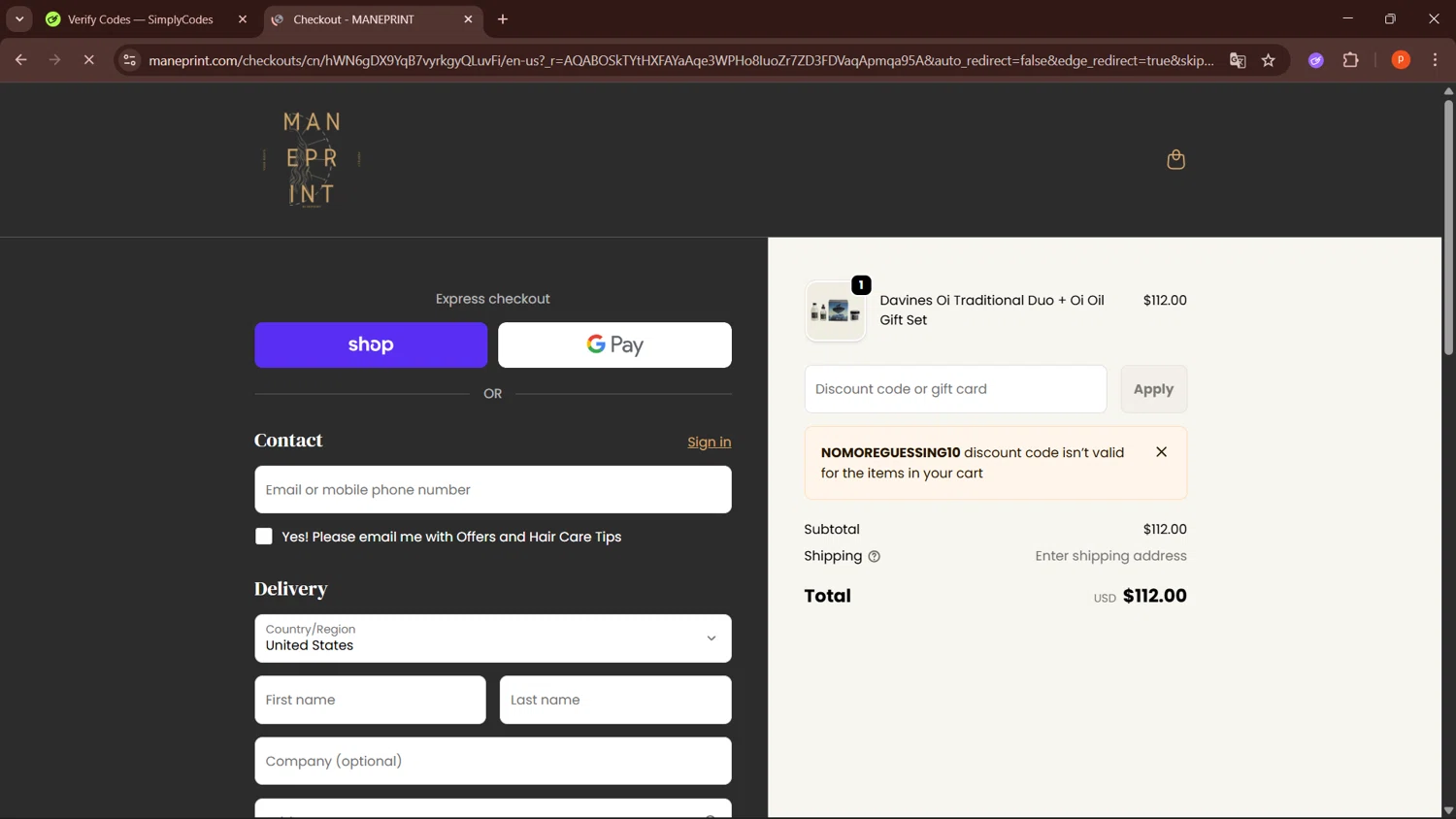 Maneprint promo code screenshot showing code NOMOREGUESSING10 applied at Maneprint checkout page. Uploaded by SimplyCodes community member LegendaryPro3698 on Dec 21, 2025