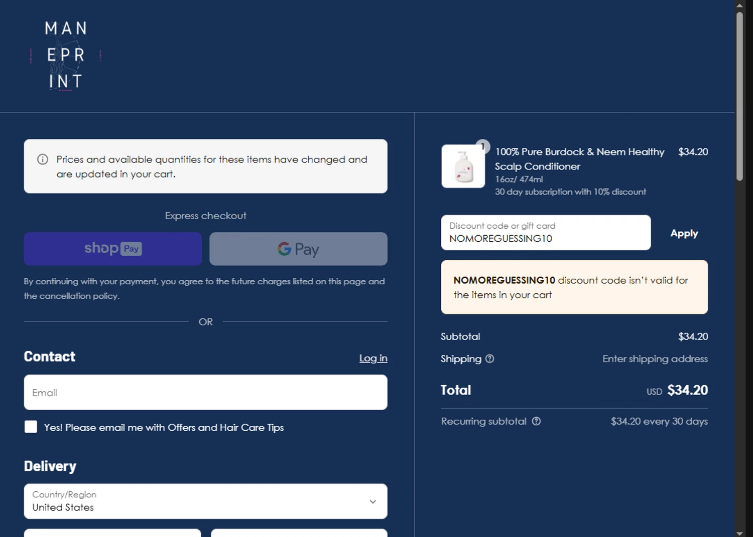 Maneprint promo code screenshot showing code NOMOREGUESSING10 applied at Maneprint checkout page. Uploaded by SimplyCodes community member MoneyScout2554 on Jun 6, 2025