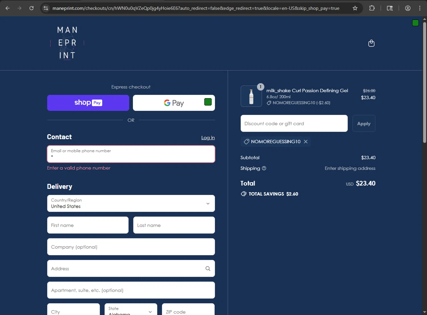 Maneprint promo code screenshot showing code NOMOREGUESSING10 applied at Maneprint checkout page. Uploaded by SimplyCodes community member MRDEAL on Jul 22, 2025