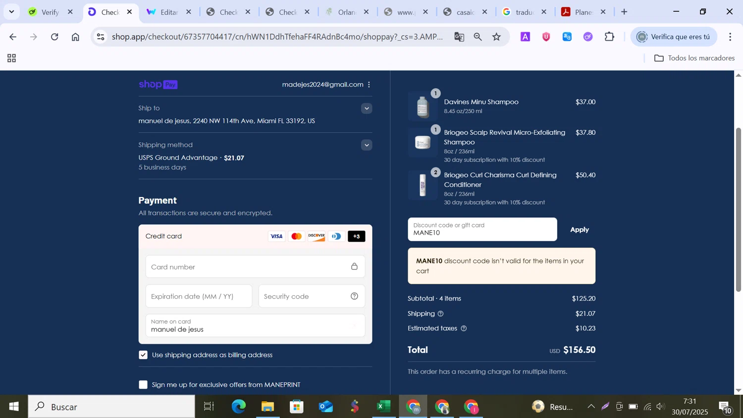 Maneprint promo code screenshot showing code MANE10 applied at Maneprint checkout page. Uploaded by SimplyCodes community member MANUELURBINA on Jul 30, 2025