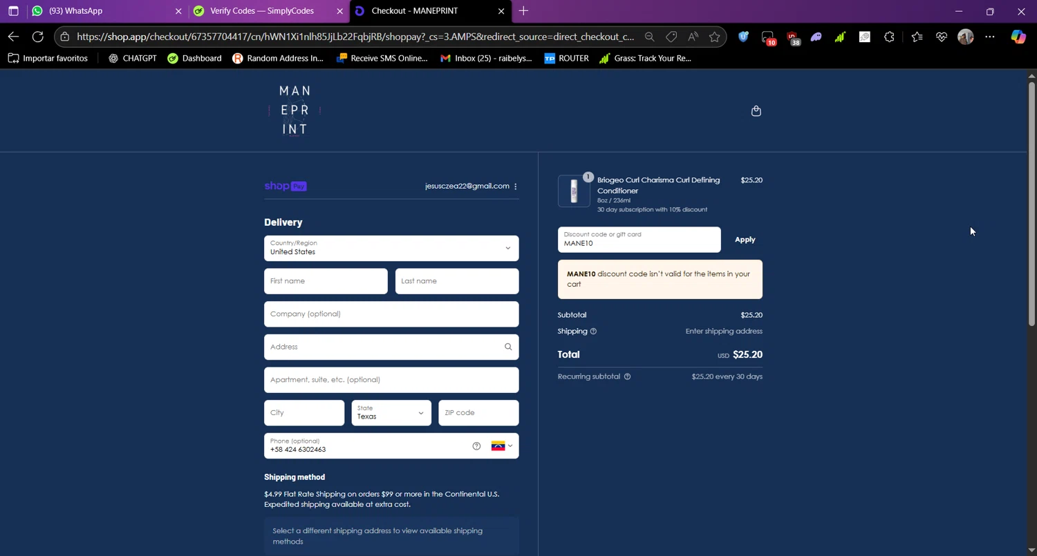Maneprint promo code screenshot showing code MANE10 applied at Maneprint checkout page. Uploaded by SimplyCodes community member Raibelys_18 on Aug 8, 2025
