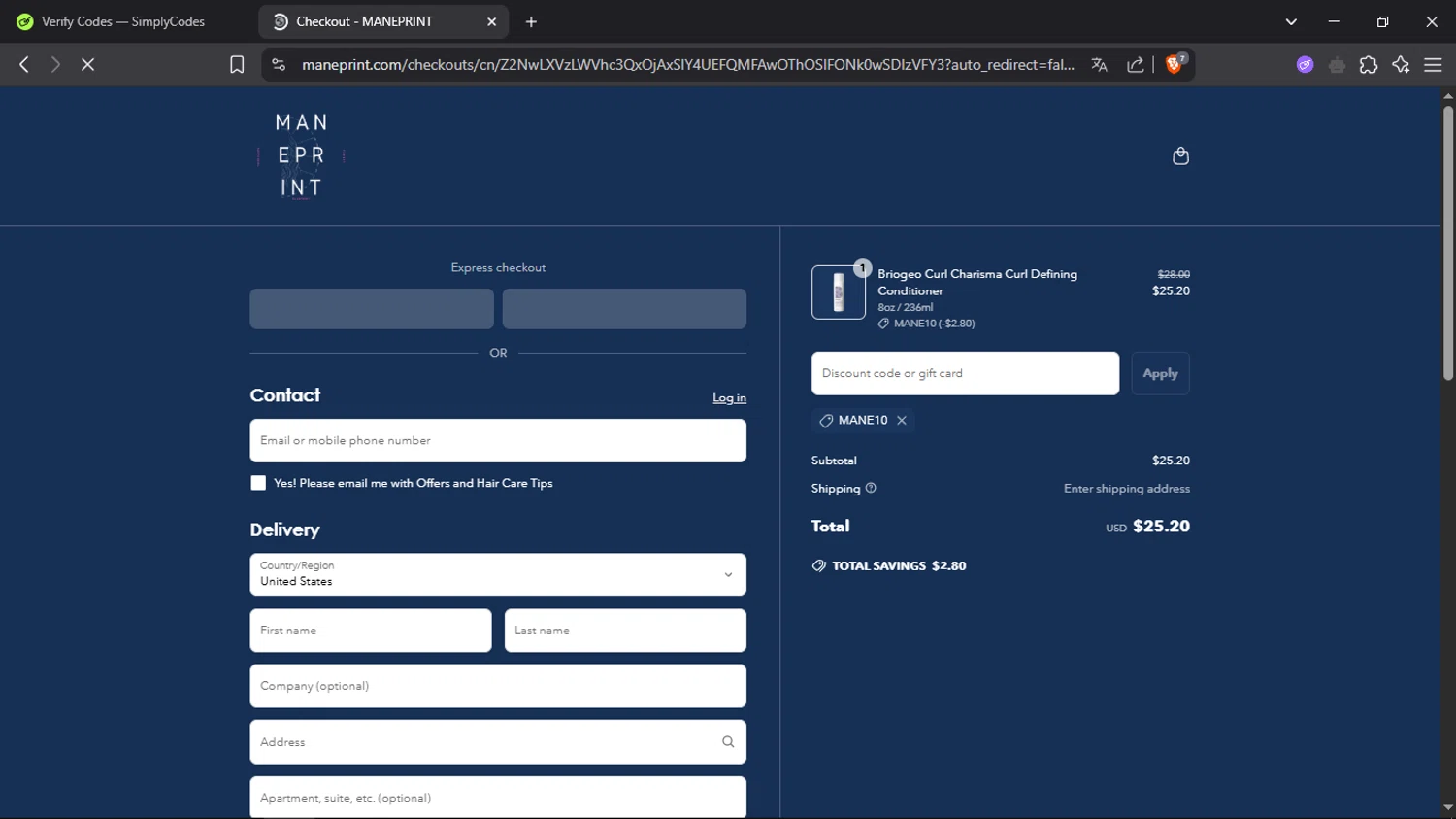 Maneprint promo code screenshot showing code MANE10 applied at Maneprint checkout page. Uploaded by SimplyCodes community member SmartScholar9589 on May 15, 2025