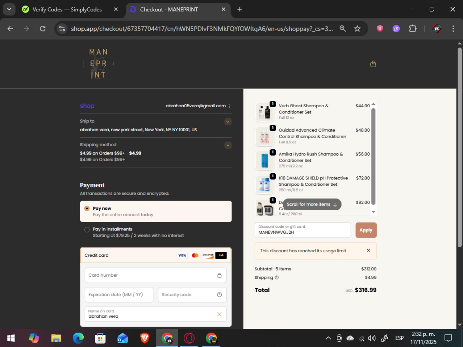 Maneprint promo code screenshot showing code MANEVNWVGJ2H applied at Maneprint checkout page. Uploaded by SimplyCodes community member TreasureAdmiral6867 on Nov 17, 2025