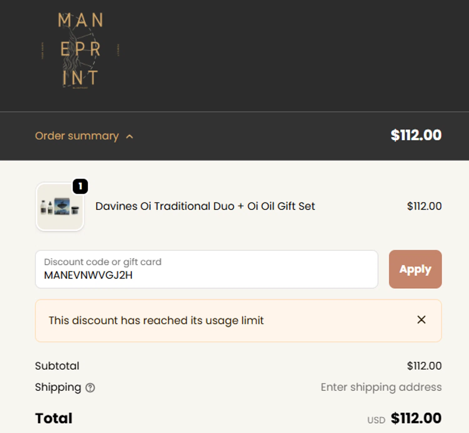Maneprint promo code screenshot showing code MANEVNWVGJ2H applied at Maneprint checkout page. Uploaded by SimplyCodes community member josedanielacostaguan on Nov 17, 2025