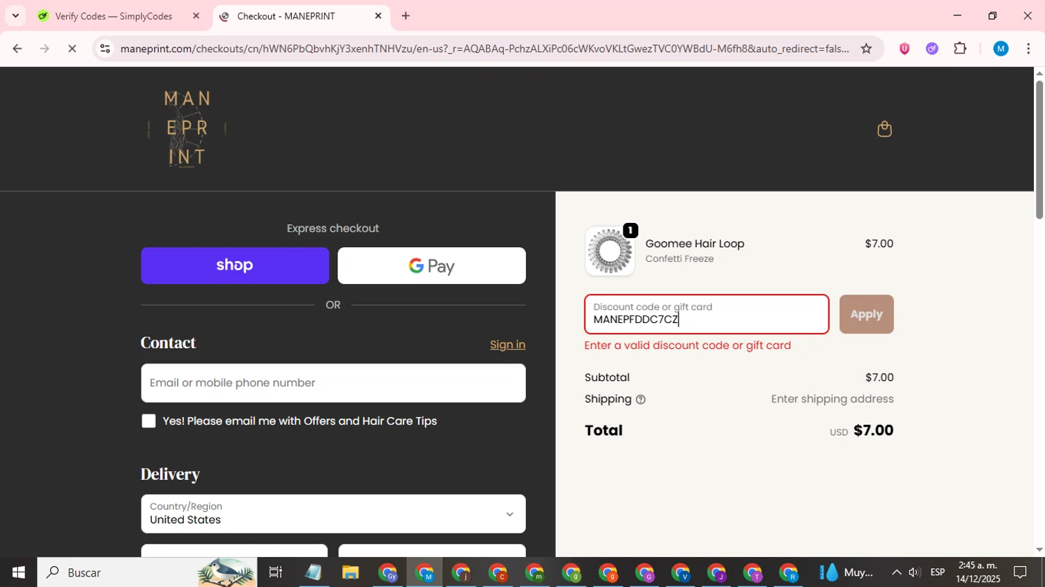 Maneprint promo code screenshot showing code MANEPFDDC7CZ applied at Maneprint checkout page. Uploaded by SimplyCodes community member LegendaryCurator1585 on Dec 14, 2025