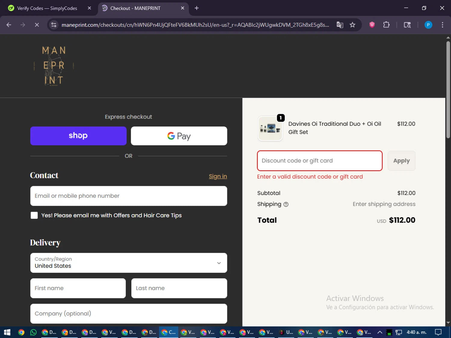 Maneprint promo code screenshot showing code MANEPFDDC7CZ applied at Maneprint checkout page. Uploaded by SimplyCodes community member juiceWRLD on Dec 14, 2025