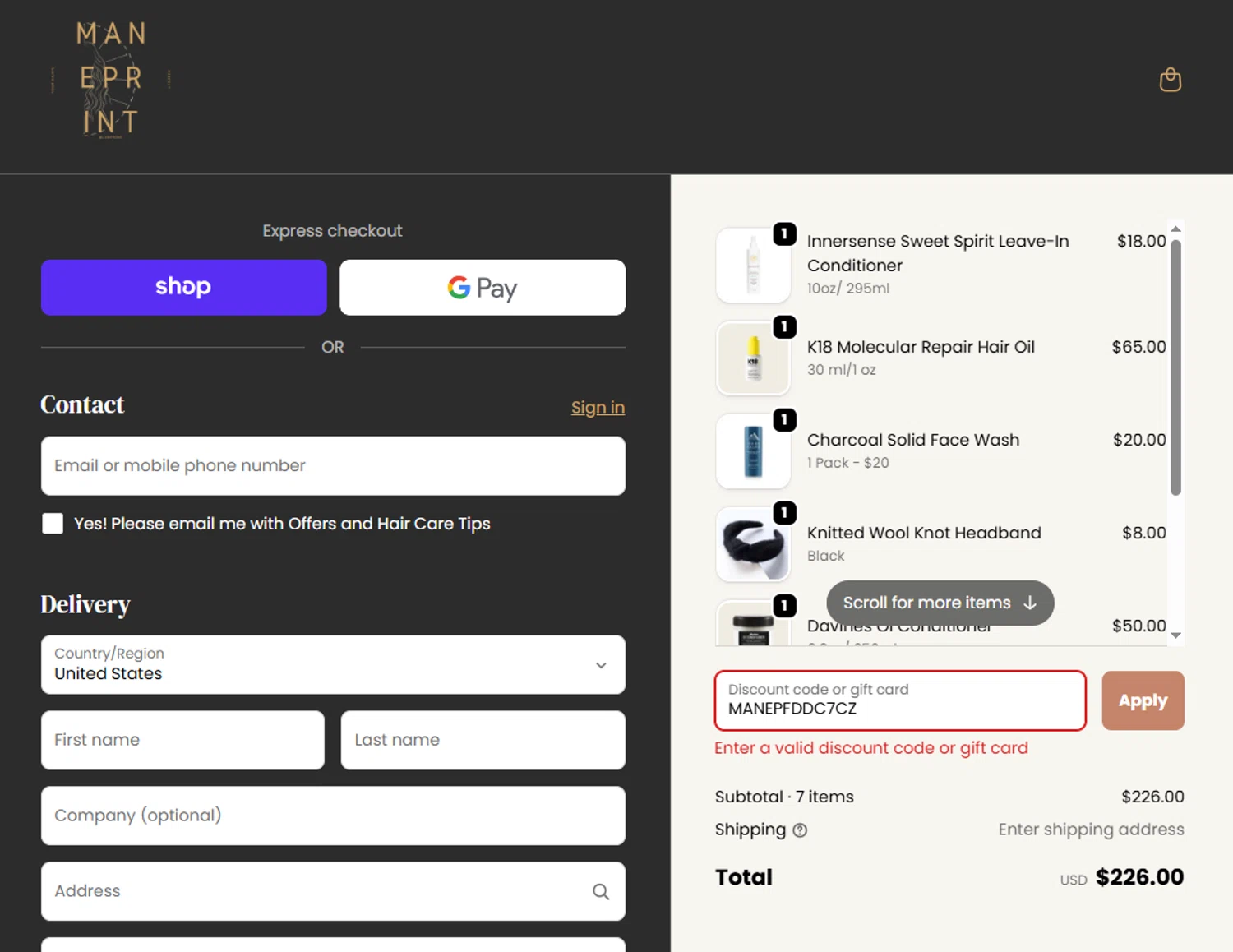 Maneprint promo code screenshot showing code MANEPFDDC7CZ applied at Maneprint checkout page. Uploaded by SimplyCodes community member valeriaantonieta on Dec 14, 2025