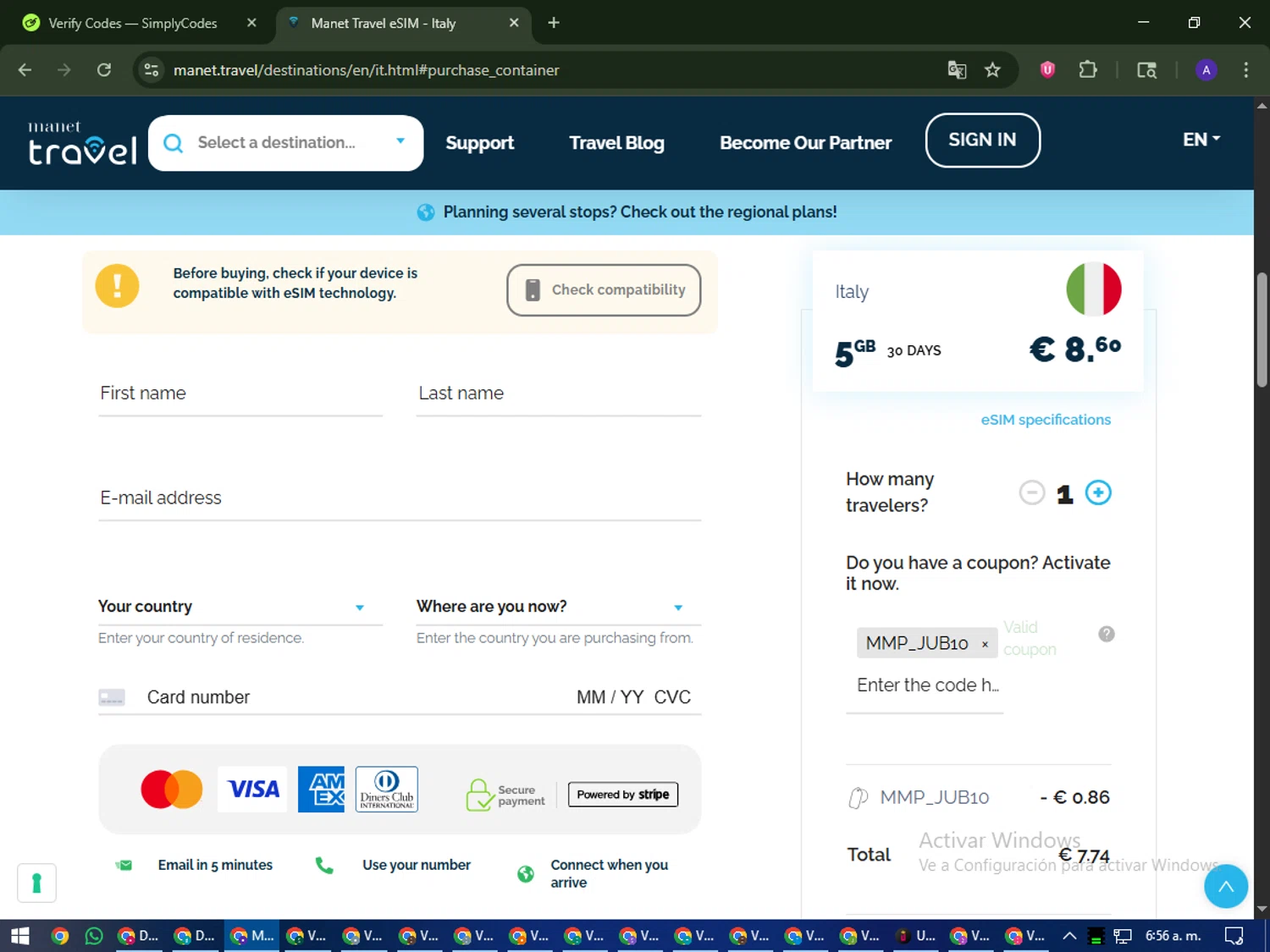 Manet Travel eSim promo code screenshot showing code MMP_JUB10 applied at Manet Travel eSim checkout page. Uploaded by SimplyCodes community member MagnificentWarden4603 on Nov 7, 2025