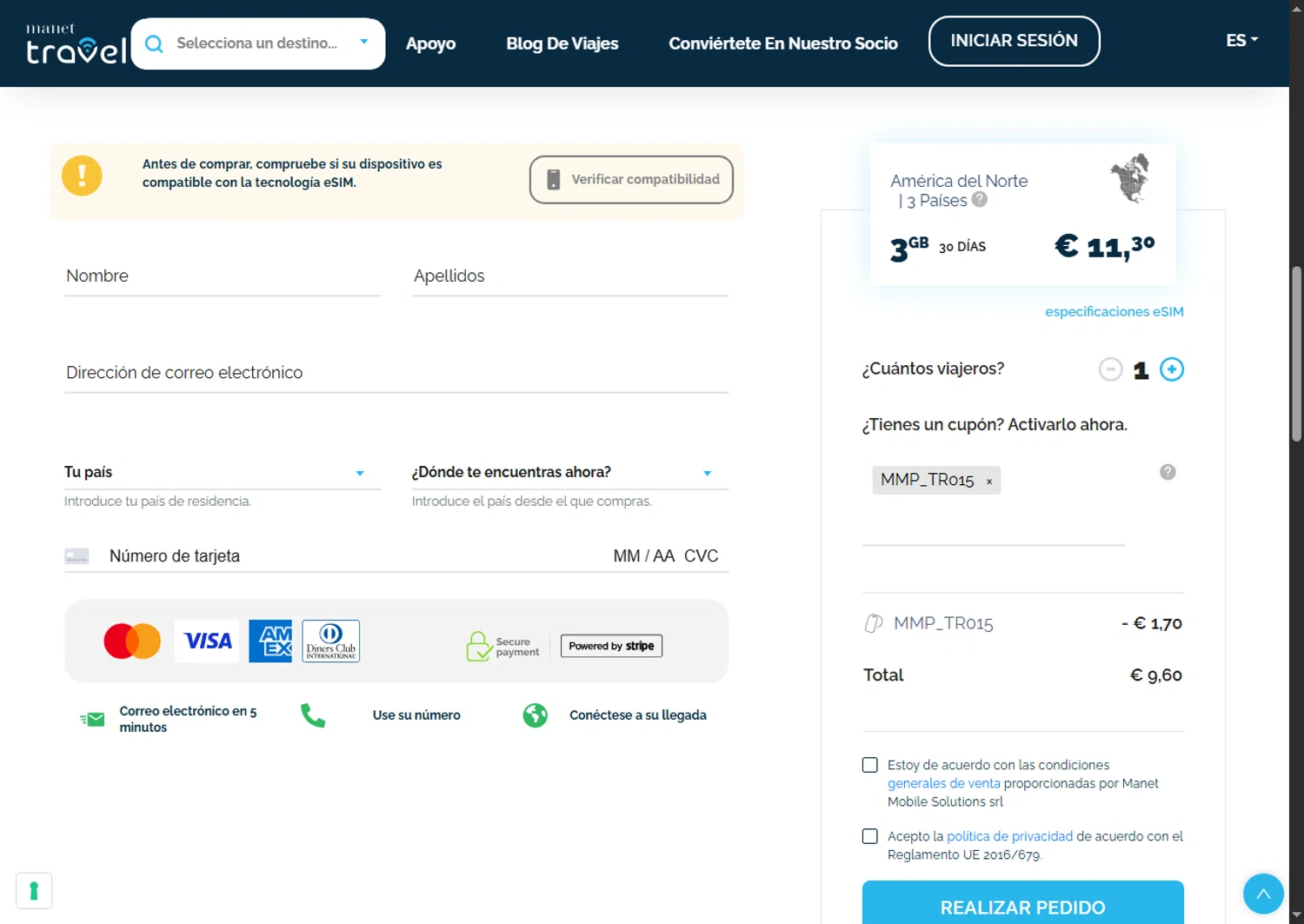 Manet Travel eSim promo code screenshot showing code MMP_TR015 applied at Manet Travel eSim checkout page. Uploaded by SimplyCodes community member Alejandra10 on Sep 19, 2025