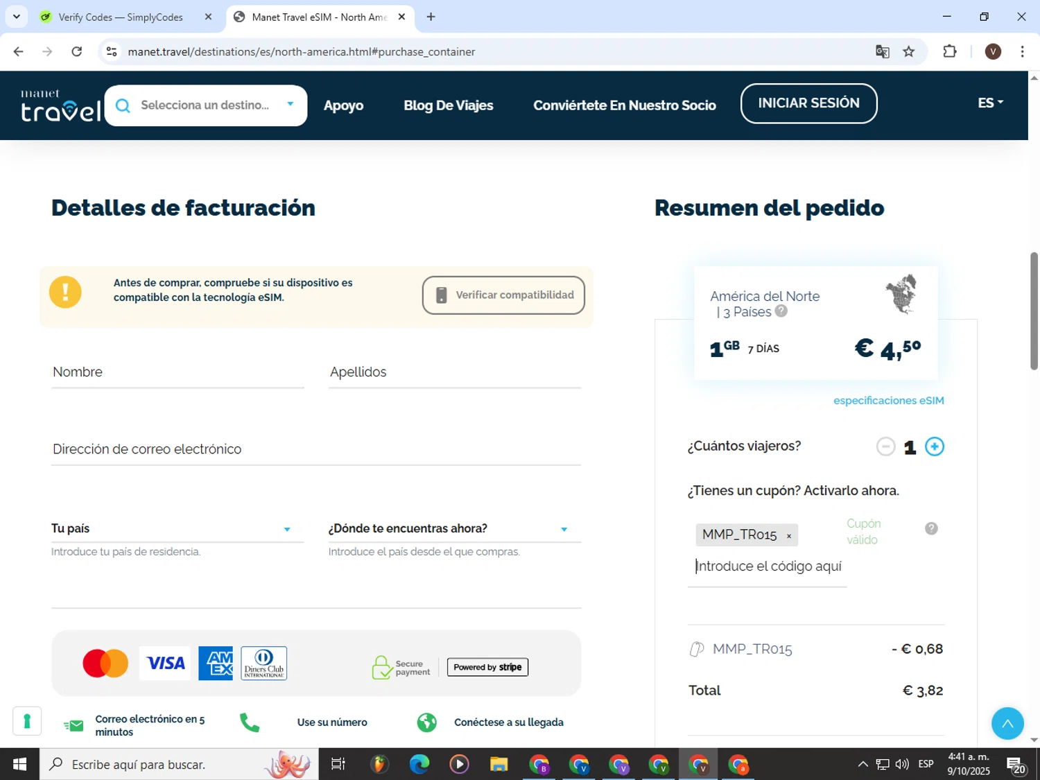 Manet Travel eSim promo code screenshot showing code MMP_TR015 applied at Manet Travel eSim checkout page. Uploaded by SimplyCodes community member CashLion3448 on Oct 9, 2025
