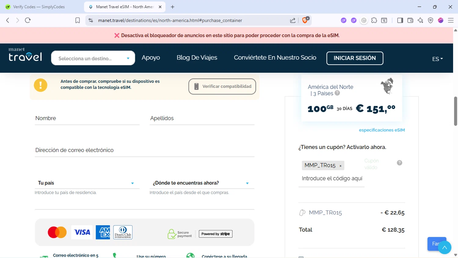 Manet Travel eSim promo code screenshot showing code MMP_TR015 applied at Manet Travel eSim checkout page. Uploaded by SimplyCodes community member PocoyoTraihard on Aug 21, 2025