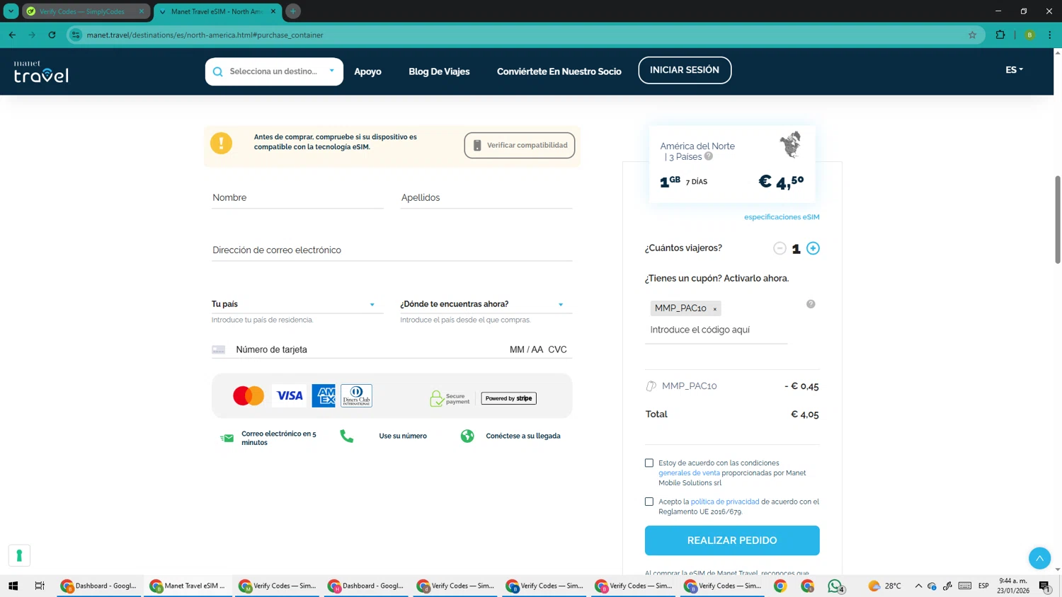 Manet Travel eSim checkout page showing Manet Travel eSim promo code box | Screenshot taken by SimplyCodes community member on Jan 23, 2026