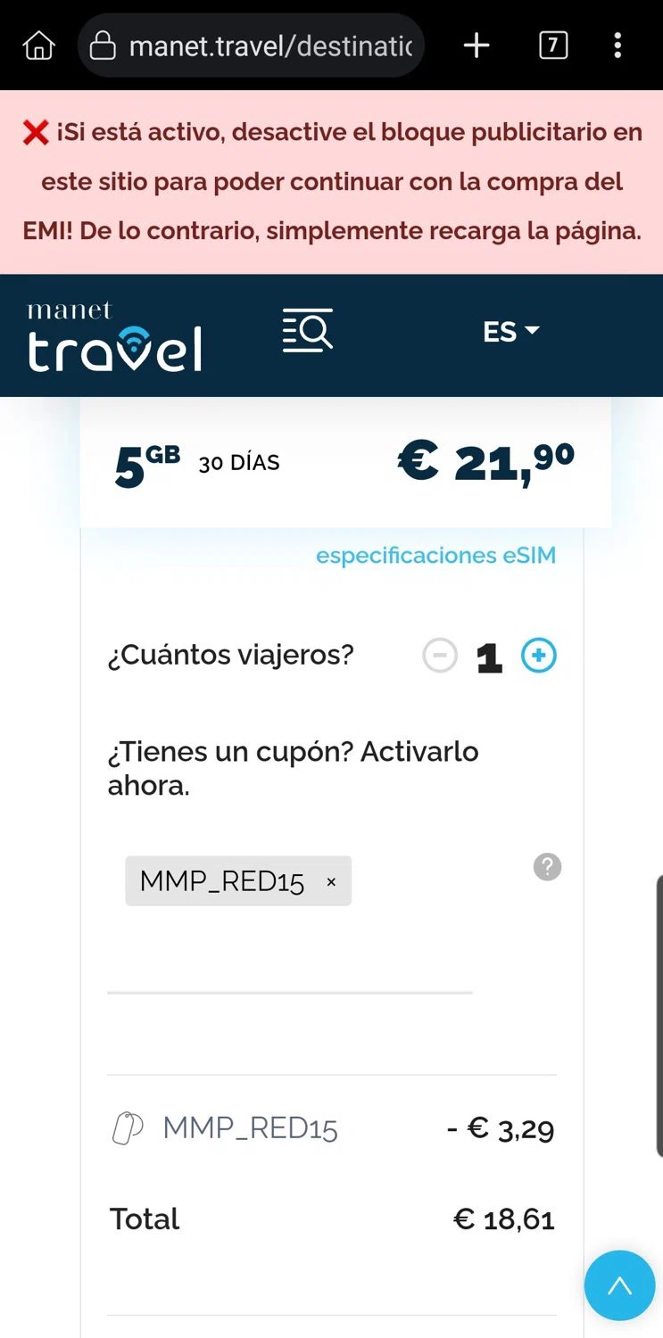 Manet Travel eSim promo code screenshot showing code MMP_RED15 applied at Manet Travel eSim checkout page. Uploaded by SimplyCodes community member Carloslvz on Jan 31, 2026