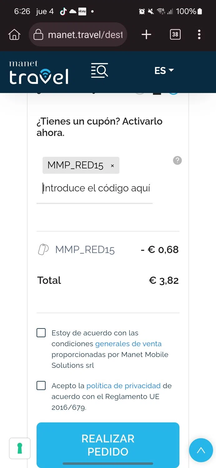 Manet Travel eSim promo code screenshot showing code MMP_RED15 applied at Manet Travel eSim checkout page. Uploaded by SimplyCodes community member FrugalSage5401 on Dec 4, 2025
