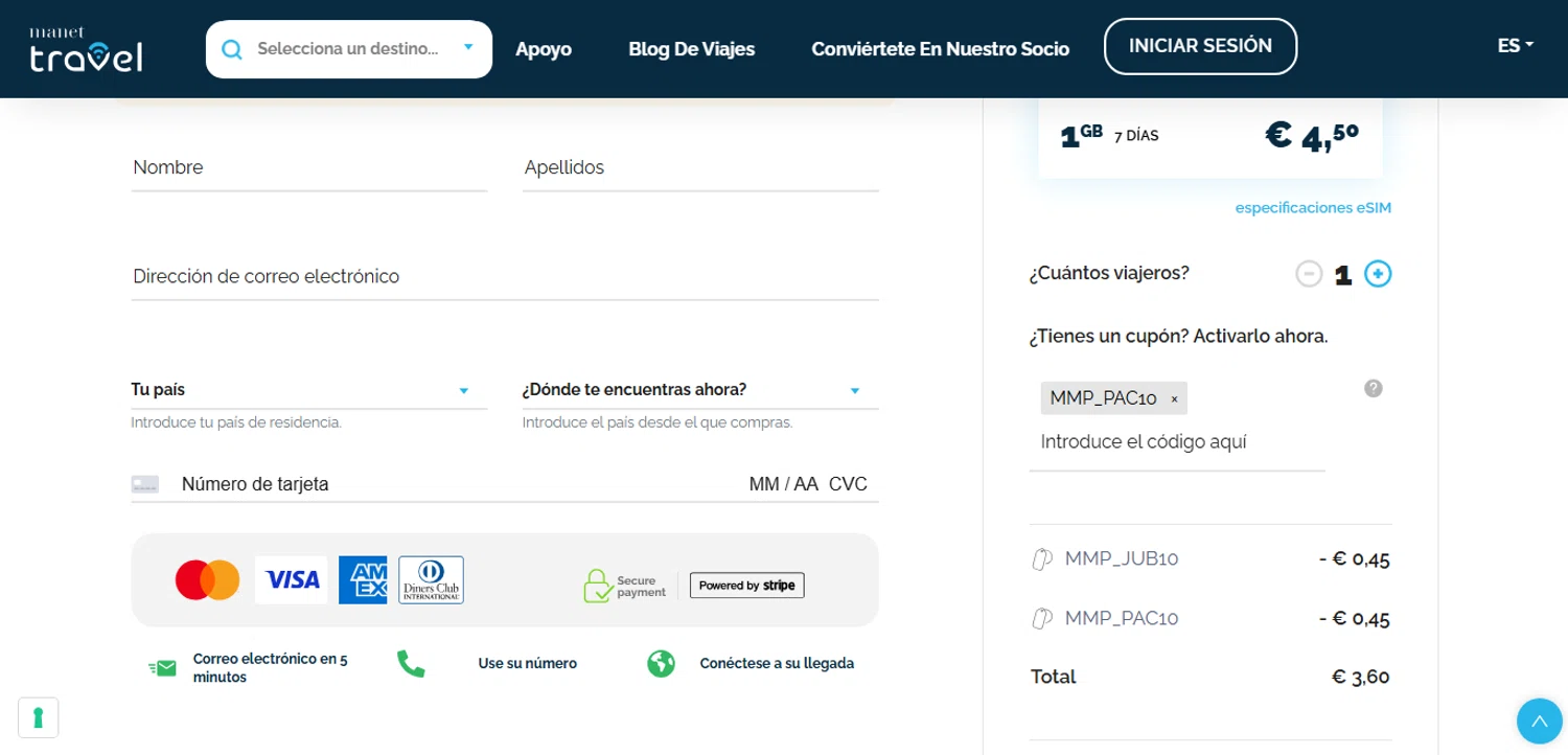 Manet Travel eSim promo code screenshot showing code MMP_PAC10 applied at Manet Travel eSim checkout page. Uploaded by SimplyCodes community member ESTHER3121 on Oct 28, 2025