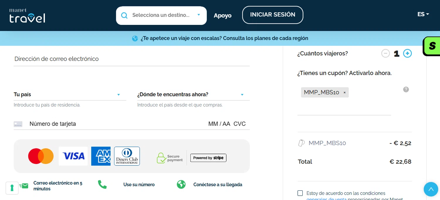 Manet Travel eSim promo code screenshot showing code MMP_MBS10 applied at Manet Travel eSim checkout page. Uploaded by SimplyCodes community member ESTHER3121 on Dec 27, 2025